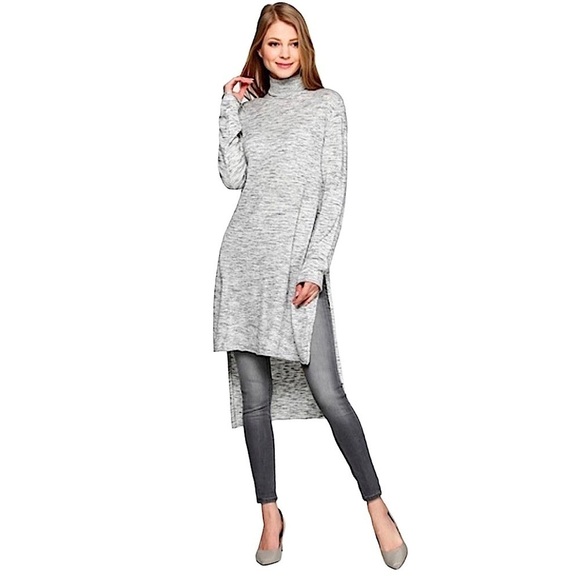 ZARA Knits Gray Marled Turtleneck Light High Low Tunic Sweater Size Medium - Picture 1 of 13